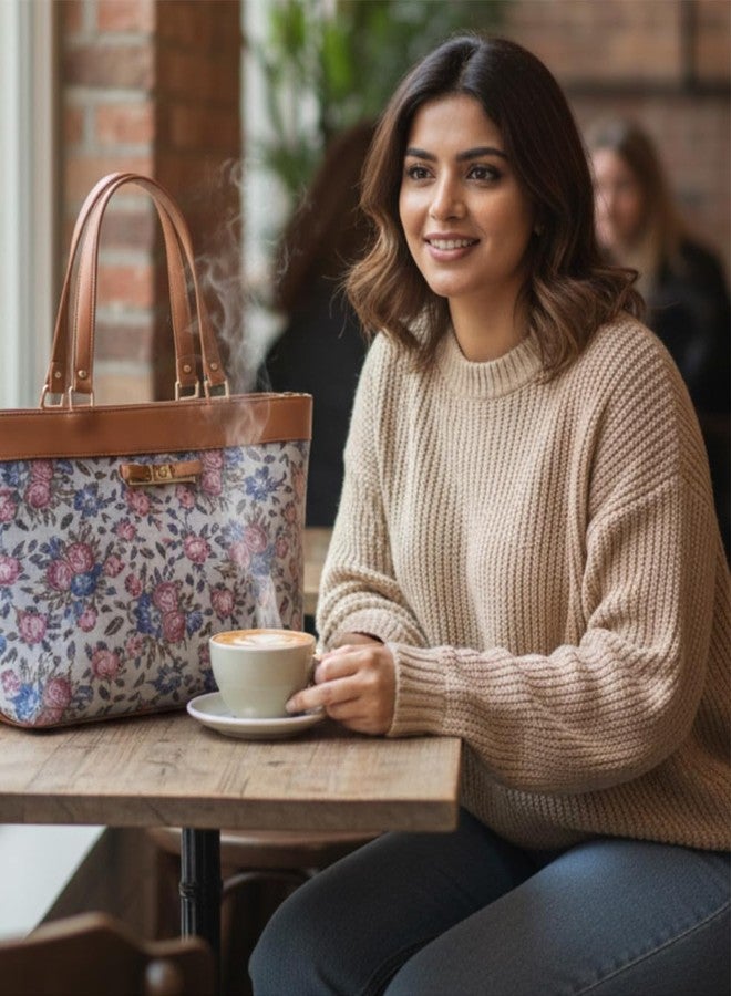 TYPIFY® Elegance Collection Women's Floral Print Tote Handbag, Faux Leather with Brown Trim, Pink and Blue Roses Pattern, Metal Bow Detail | Spacious Shoulder Bag for Office, College & Daily Use |Gift - Image 5